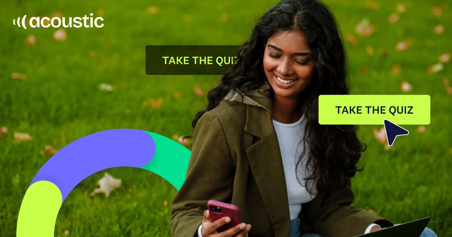 Young woman in olive jacket smiling while using smartphone outdoors with 'Take the Quiz' call-to-action buttons and Acoustic branding