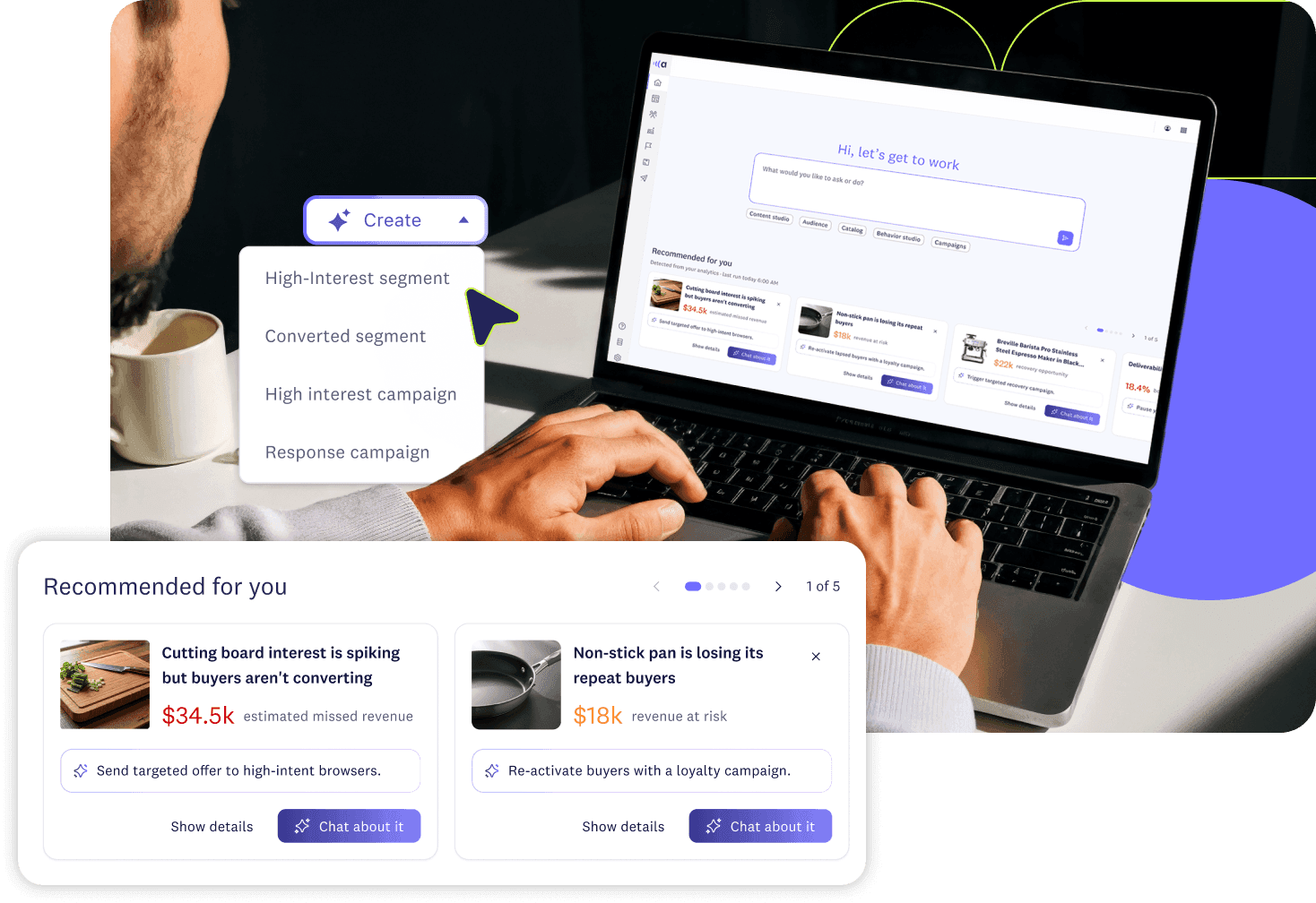 Acoustic AI home screen with a Create dropdown for segments and campaigns, beside cards flagging at-risk revenue.