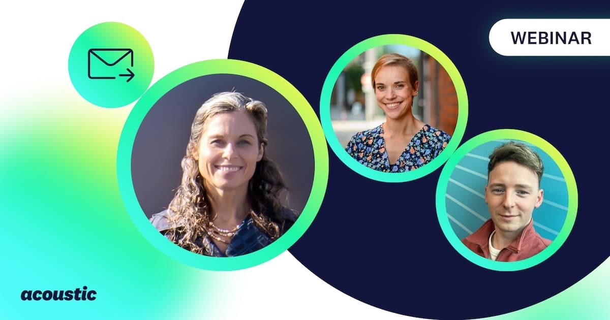 Green webinar graphic with three people in circular frames and an email send icon