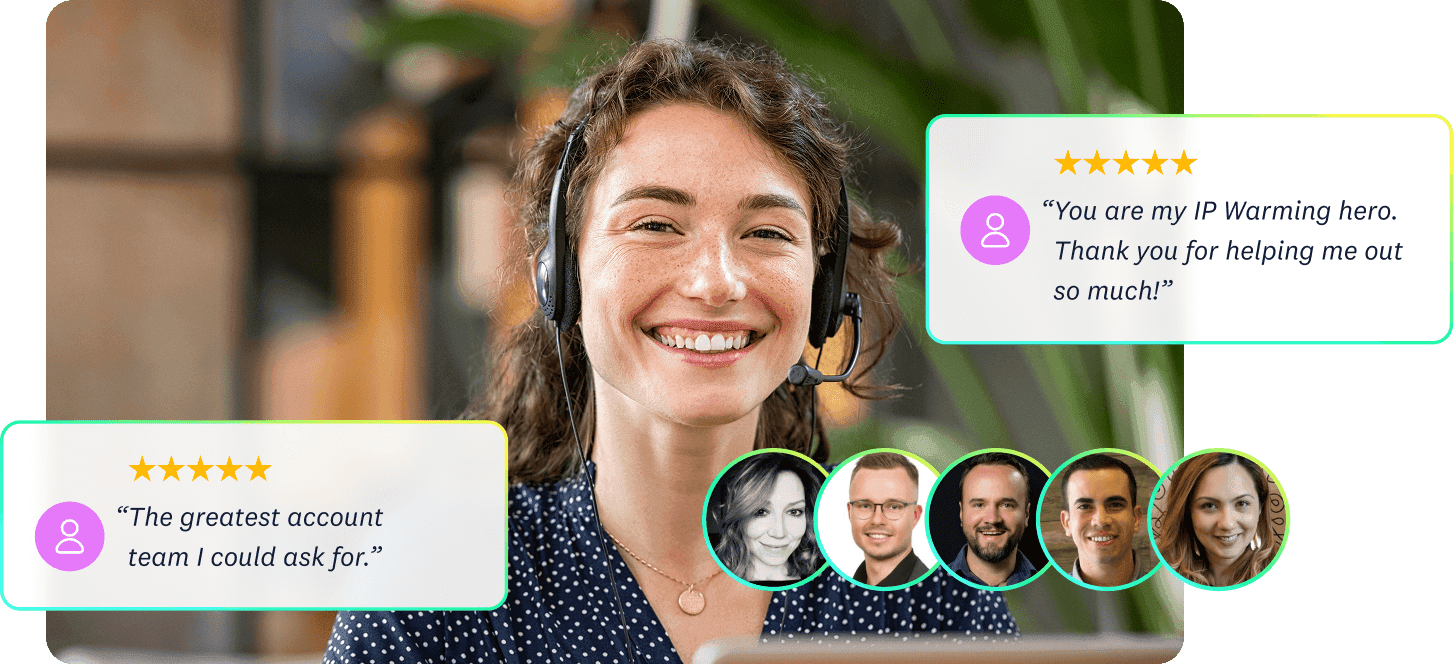 A customer support representative wearing a headset and surrounded by five team members headshots and two five-star testimonials.