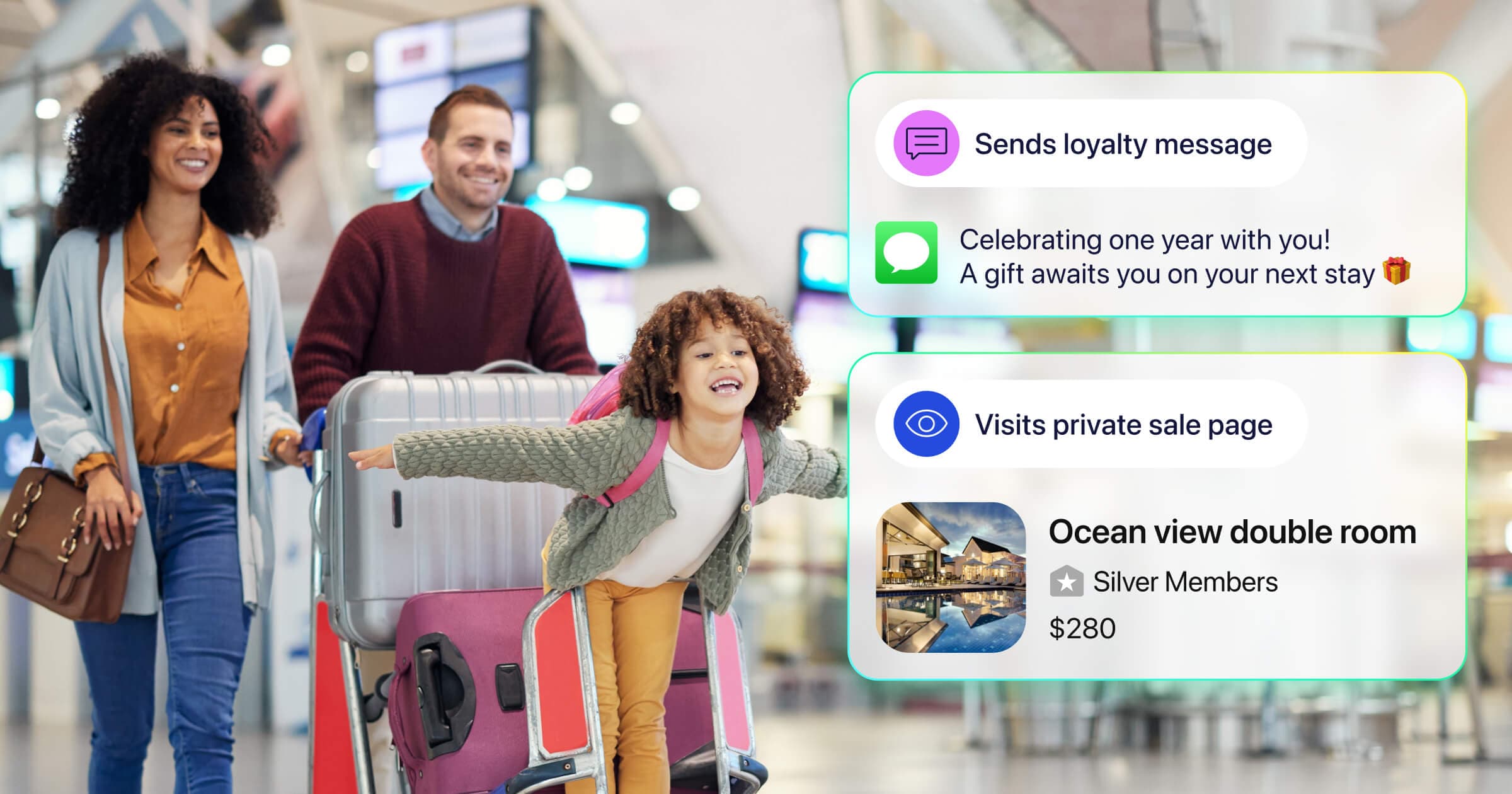 Diverse family traveling through the airport with an overlay of a customer loyalty message and visiting a private sale page.