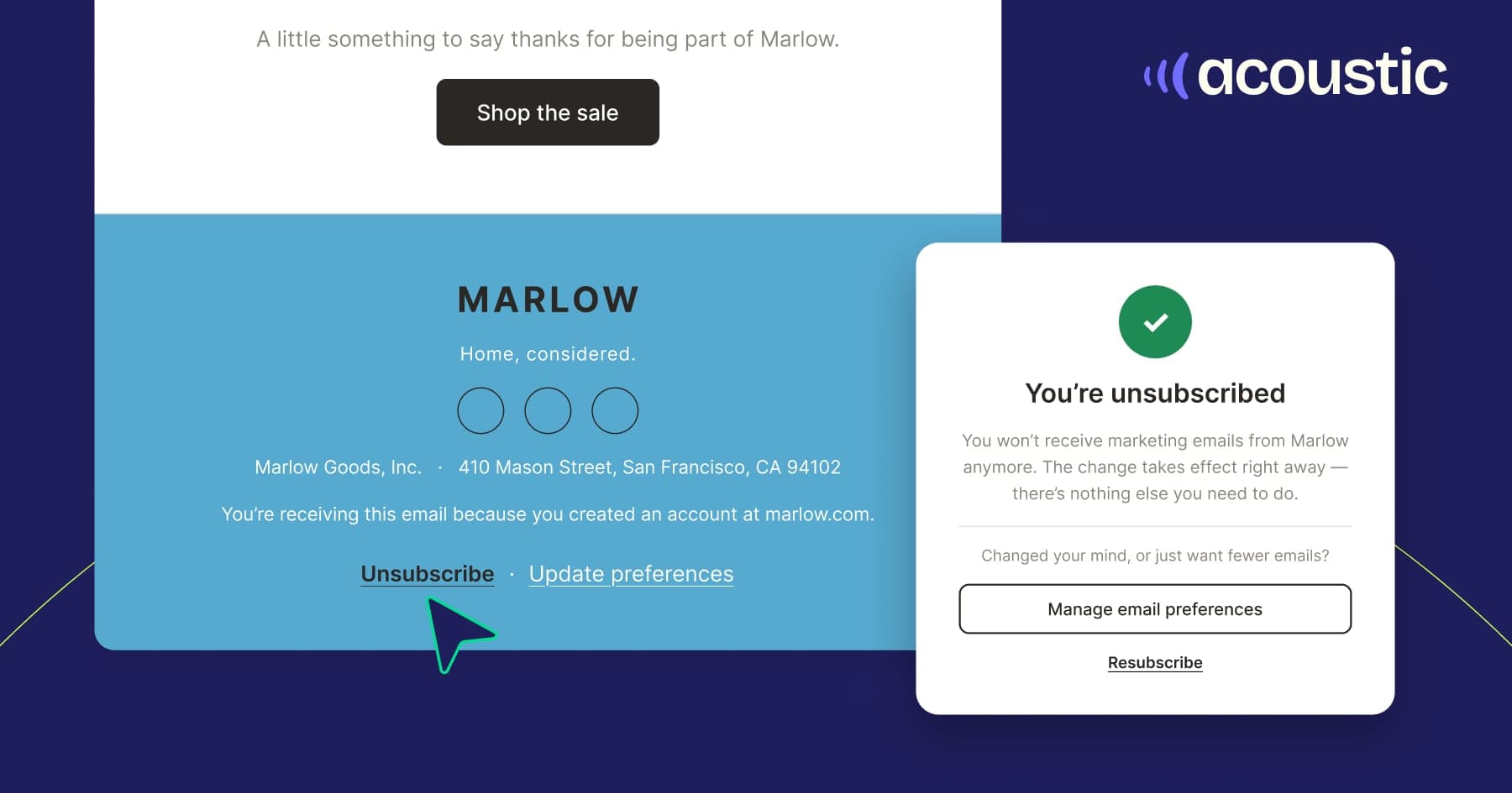 A marketing email footer with a clear, legible 'Unsubscribe' link being clicked, next to a confirmation card reading 'You're unsubscribed' with options to manage email preferences or resubscribe.