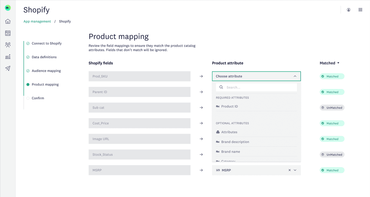 Shopify product mapping screen matching product fields to custom attributes with match status. Reply