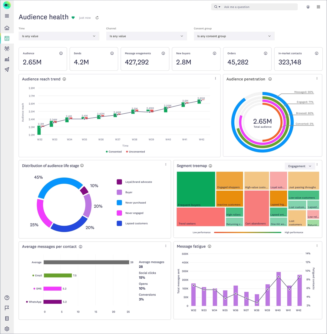 Audience health dashboard showing audience reach, total sends, engagement, new buyers, and penetration chart.