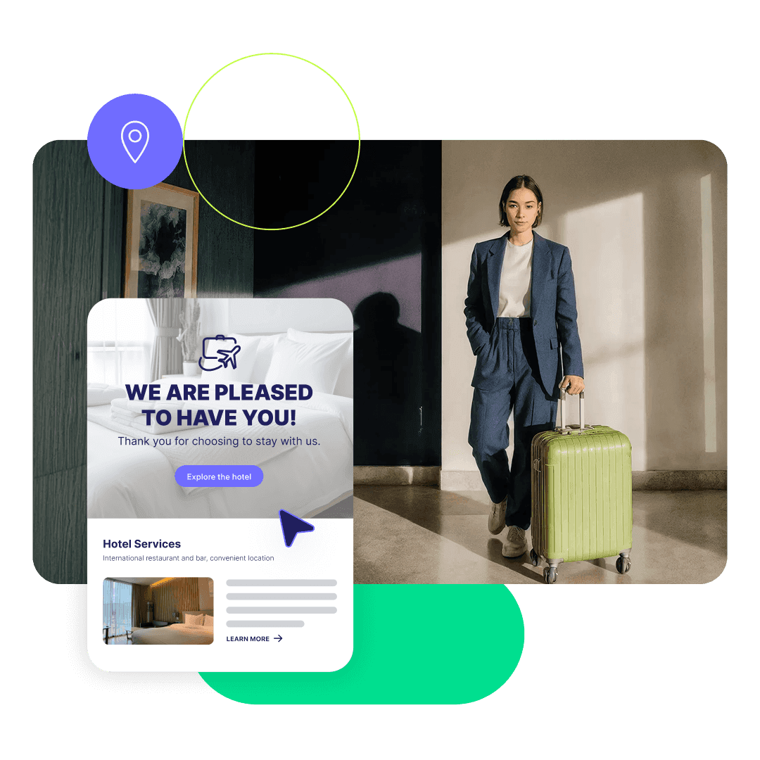 Traveler arriving at a hotel with luggage, receiving a welcome message