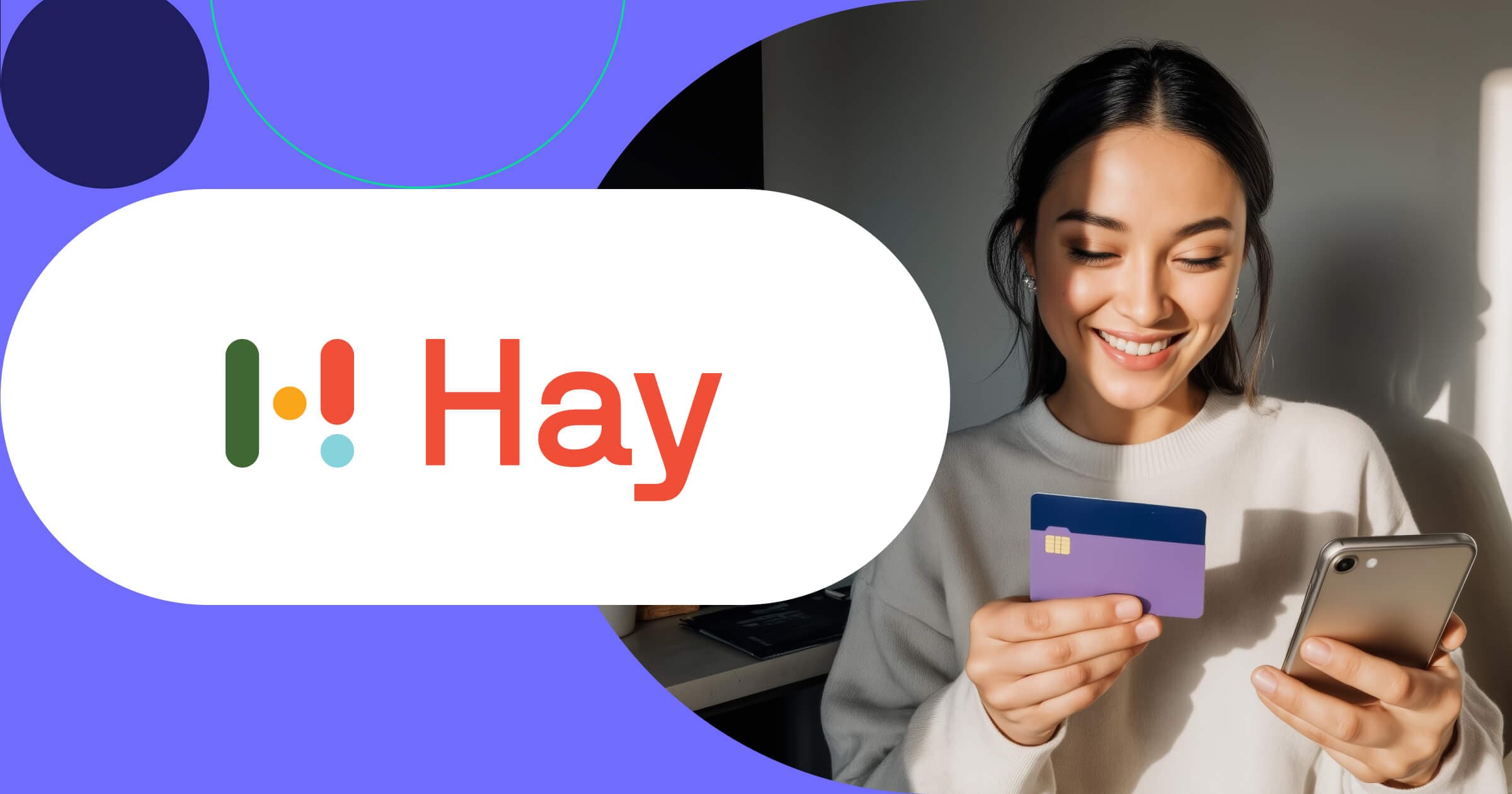 Hay Group logo with smiling woman making secure mobile payment using smartphone and credit card