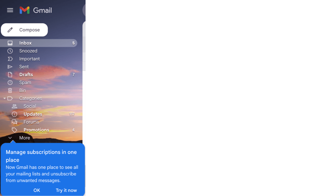 Gmail sidebar showing inbox categories in front of a sunset sky background. A blue notification at the bottom promotes subscription management features.
